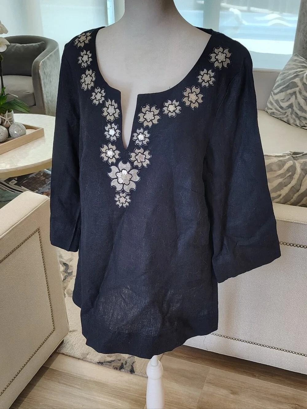 J. Crew Navy Linen Tunic with White Floral Embroidery